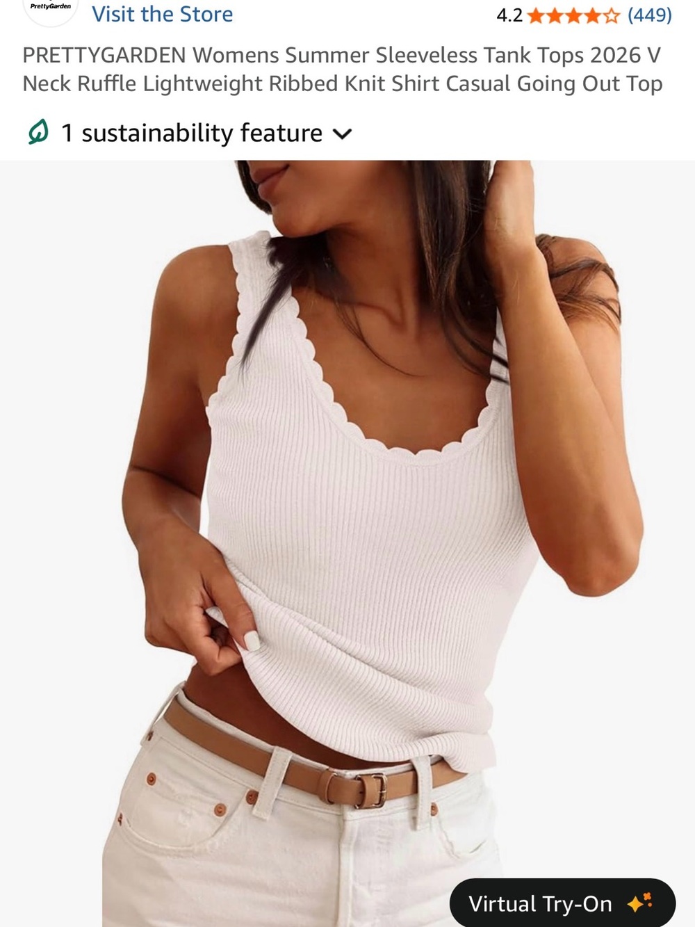 White Ribbed Tank with Scalloped Trim